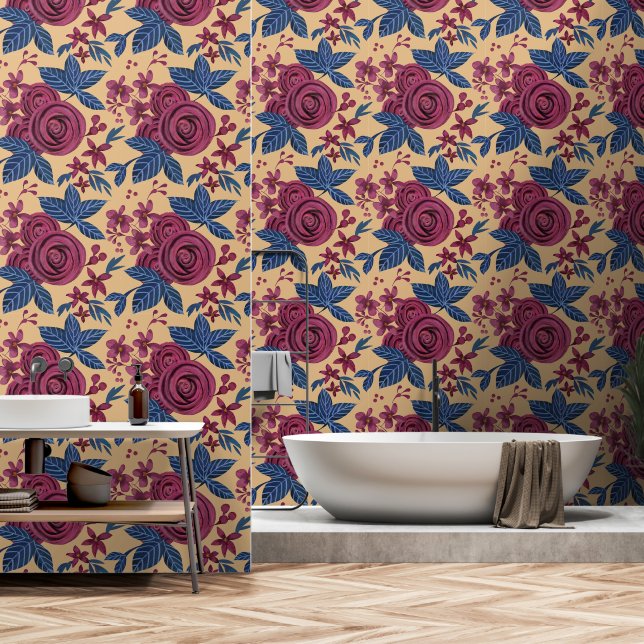 Elegant Navy Burgundy Floral Watercolo Wallpaper (Bathroom)