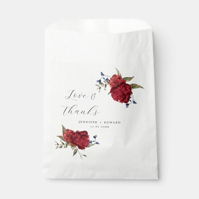 Elegant Navy Burgundy Floral Wedding Favour Bag (Front)