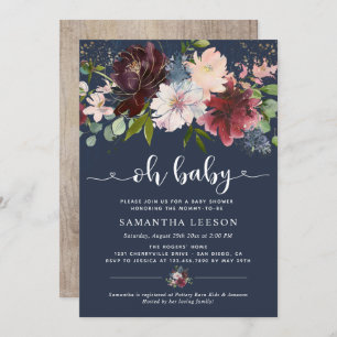Elegant Navy Burgundy Florals Baby Shower Invitation