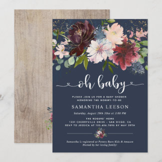 Elegant Navy Burgundy Florals Baby Shower Invitation