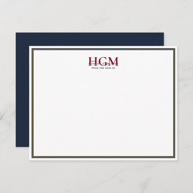 Elegant Navy Burgundy Gold 3 Letter Monogram Card (Front/Back)
