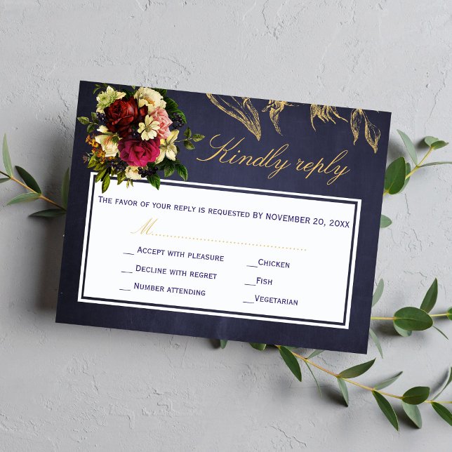 Elegant navy burgundy gold script floral wedding RSVP card (Creator Uploaded)