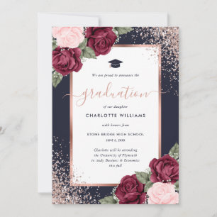 Elegant Navy Burgundy Rose Gold Floral Graduation Announcement