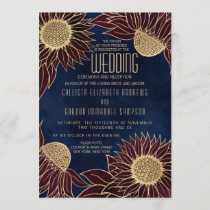 Elegant Navy Burgundy Sunflower Watercolor Wedding Invitation