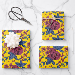 Elegant Navy Burgundy Yellow Floral Watercolor Wrapping Paper Sheet