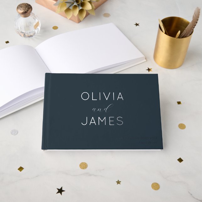 Elegant Navy Calligraphy Guest Book (Front Open)