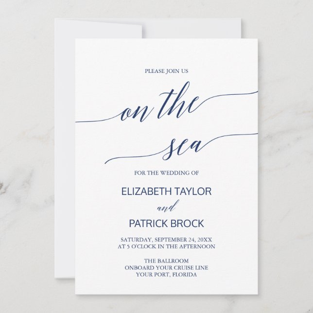 Elegant Navy Calligraphy On The Sea Cruise Wedding Invitation (Front)