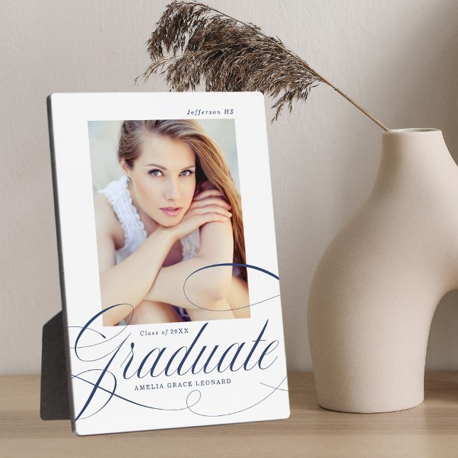Elegant Navy Calligraphy Script Graduation Photo Plaque (Creator Uploaded)