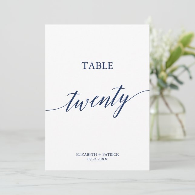 Elegant Navy Calligraphy Table 20 Table Number (Standing Front)