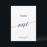 Elegant Navy Calligraphy Table One Table Number<br><div class="desc">This elegant navy calligraphy table one table number is perfect for a simple wedding. The neutral design features a minimalist card decorated with romantic and whimsical typography. The card prints on the front and back (double-sided). Other table numbers in the collection are sold separately.</div>