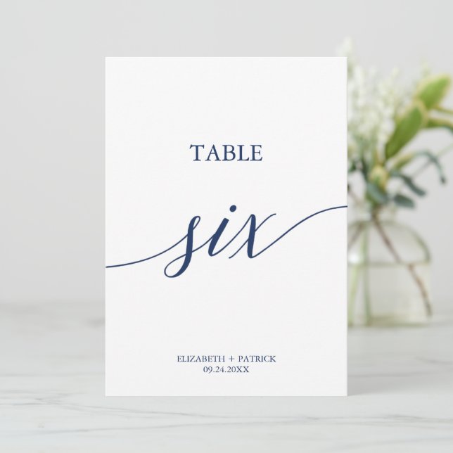 Elegant Navy Calligraphy Table Six Table Number (Standing Front)