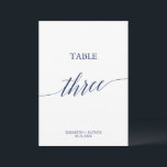 Elegant Navy Calligraphy Table Three Table Number<br><div class="desc">This elegant navy calligraphy table three table number is perfect for a simple wedding. The neutral design features a minimalist card decorated with romantic and whimsical typography. The card prints on the front and back (double-sided). Other table numbers in the collection are sold separately.</div>