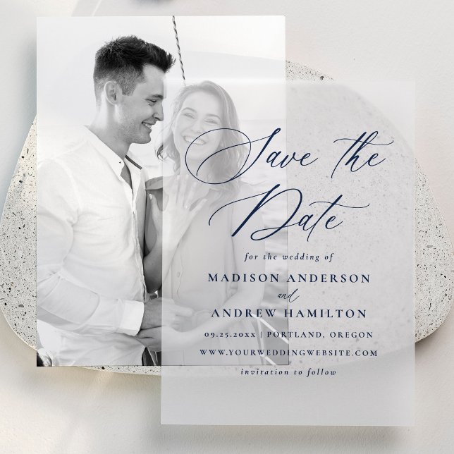 Elegant Navy Calligraphy Wedding Save the Dates Vellum Invitations (Creator Uploaded)