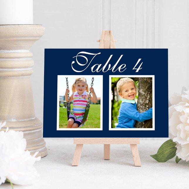 Elegant Navy Childhood Photo Table Number Card (Creator Uploaded)