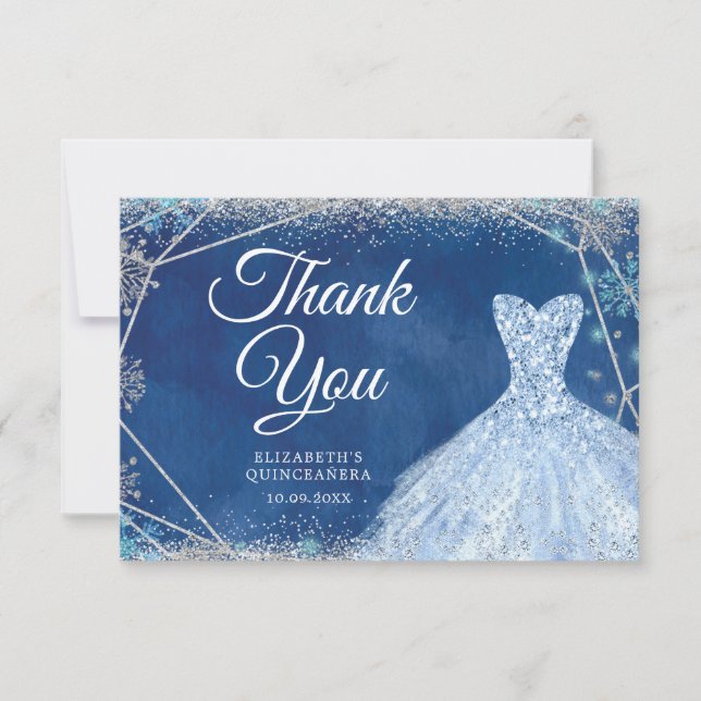 Elegant Navy Christmas Snowflake Mis XV Años Thank You Card (Front)