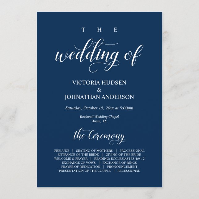 Elegant Navy Classy Script, Wedding Ceremony Progr Program (Front)