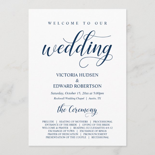 Elegant Navy Classy Script, Wedding Ceremony Program (Front)