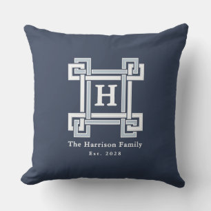 Elegant Navy Coastal Greek Key Monogram Cushion