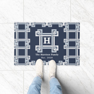 Elegant Navy Coastal Greek Key Monogram Doormat