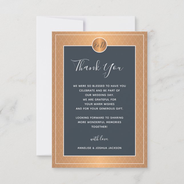 Elegant navy copper gold metallic wedding  thank you card (Front)