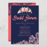 Elegant Navy & Coral Bridal Shower Invitations