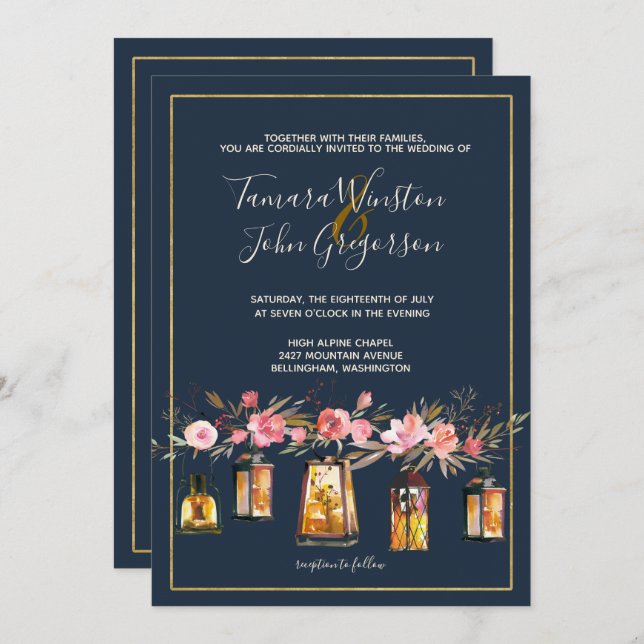 Elegant Navy Coral Floral Gold Lights Wedding Invitation (Front/Back)