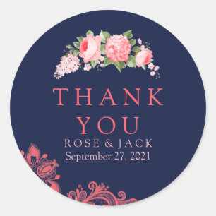 Elegant Navy & Coral Lace Thank You Stickers