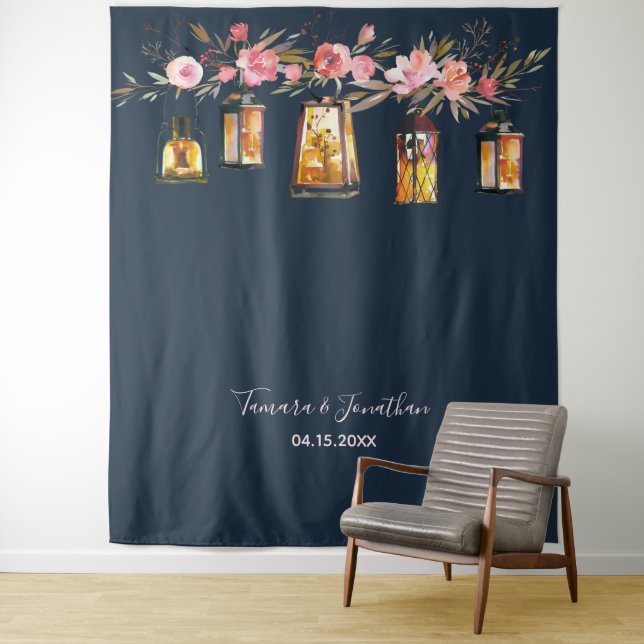Elegant Navy Coral Reception Photo Booth Backdrop Tapestry (In Situ)