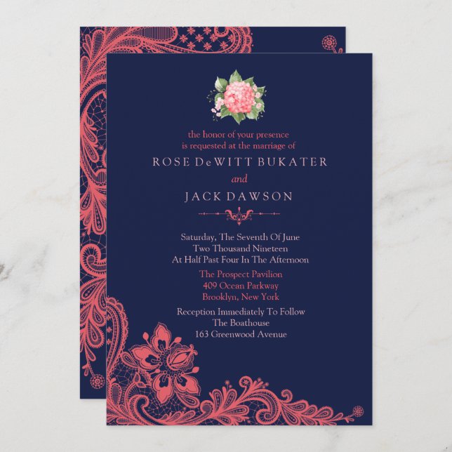 Elegant Navy & Coral Wedding Invitations (Front/Back)