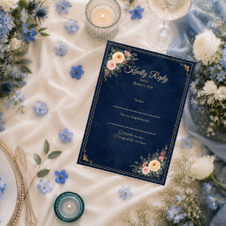 Elegant Navy Corner Floral Wedding RSVP Card