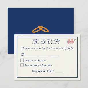 Elegant Navy & Cream Two Hearts Catholic Wedding  RSVP Card