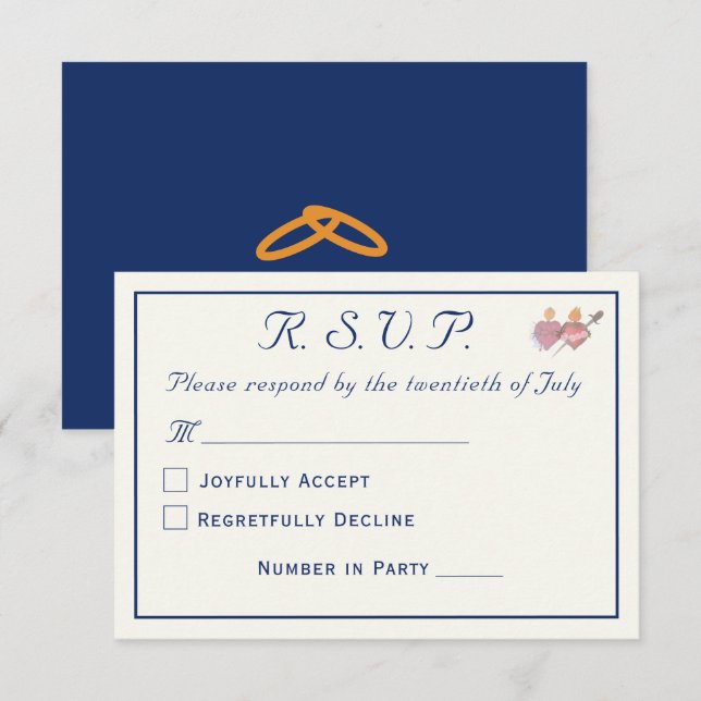 Elegant Navy & Cream Two Hearts Catholic Wedding  RSVP Card (Front/Back)