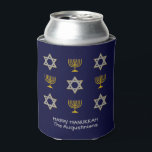 Elegant Navy Custom Hanukkah  Can Cooler<br><div class="desc">Elegant HAPPY HANUKKAH can cooler, showing faux gold and silver STAR OF DAVID and MENORAH in a tiled pattern against a rich NAVY BLUE background. Text reads HAPPY HANUKKAH with a placeholder name, and is CUSTOMIZABLE, so you can PERSONALIZE it by adding your name or other text. Ideal for Hanukkah...</div>