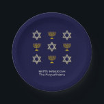 Elegant Navy Custom Hanukkah Paper Plate<br><div class="desc">Elegant HAPPY HANUKKAH paper plates showing faux gold and silver STAR OF DAVID and MENORAH in a tiled pattern against a rich NAVY BLUE background. Text reads HAPPY HANUKKAH with a placeholder name, and is CUSTOMIZABLE, so you can PERSONALIZE it by adding your name or other text. Ideal for Hanukkah...</div>