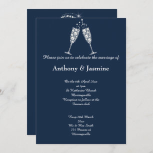 ELEGANT NAVY DIAMOND SWIRL CHAMPAGNE GLASS WEDDING INVITATION