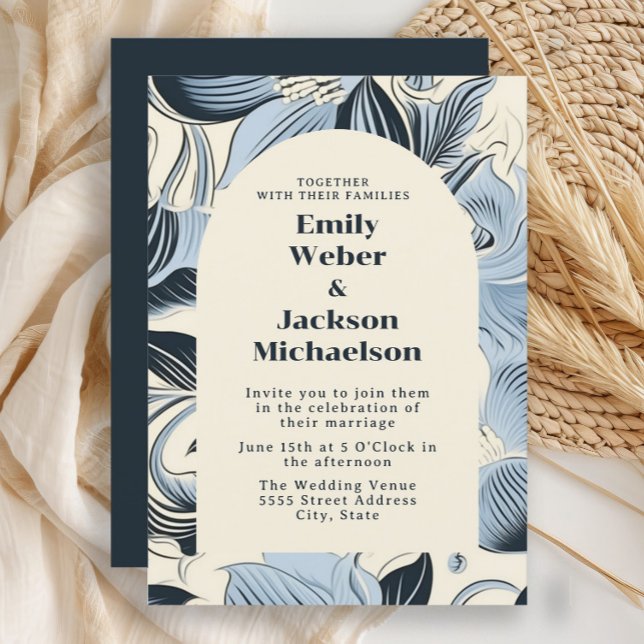 Elegant Navy Dusty Blue Arch Wedding  Invitation (Navy blue, light lblue, and cream-colored retro style flowers wedding invitation)