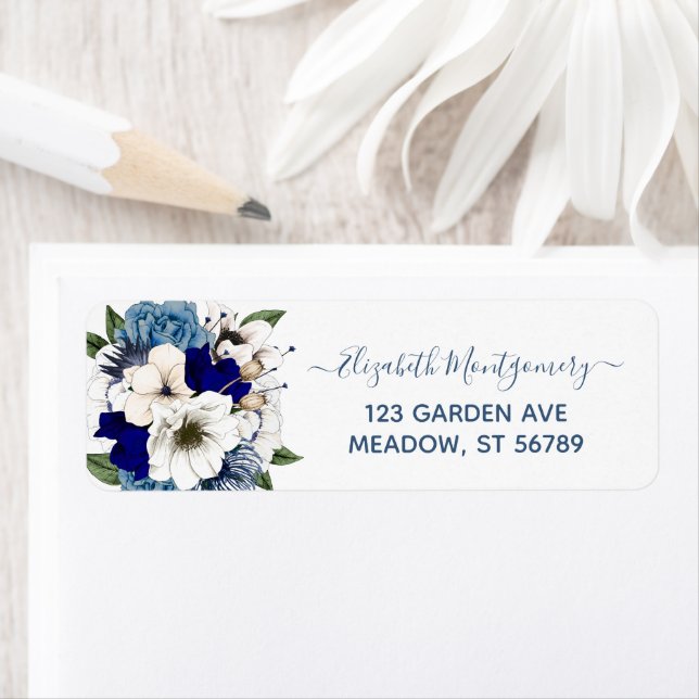Elegant Navy Dusty Blue Floral Return Address Label (Insitu)