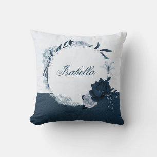 Elegant navy & dusty blue floral wreath  cushion