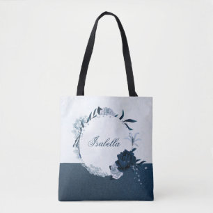 Elegant navy & dusty blue floral wreath  tote bag