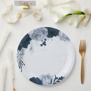 elegant navy & dusty blue flowers botanical paper plate