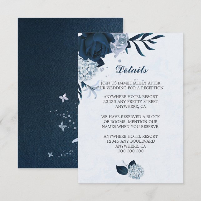 Elegant navy & dusty blue flowers& leaves details  enclosure card (Front/Back)
