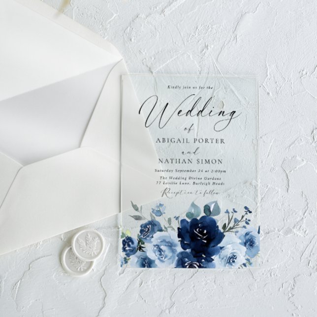 Elegant Navy & Dusty Blue Watercolor Wedding Acrylic Invitations (Creator Uploaded)