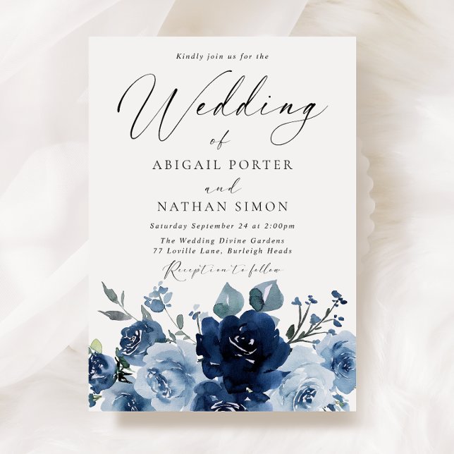 Elegant Navy & Dusty Blue Watercolor Wedding Invitation (Creator Uploaded)