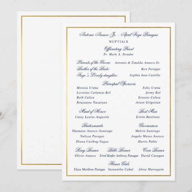 Elegant Navy Faux Gold Border Custom Entourage Invitation (Front/Back)
