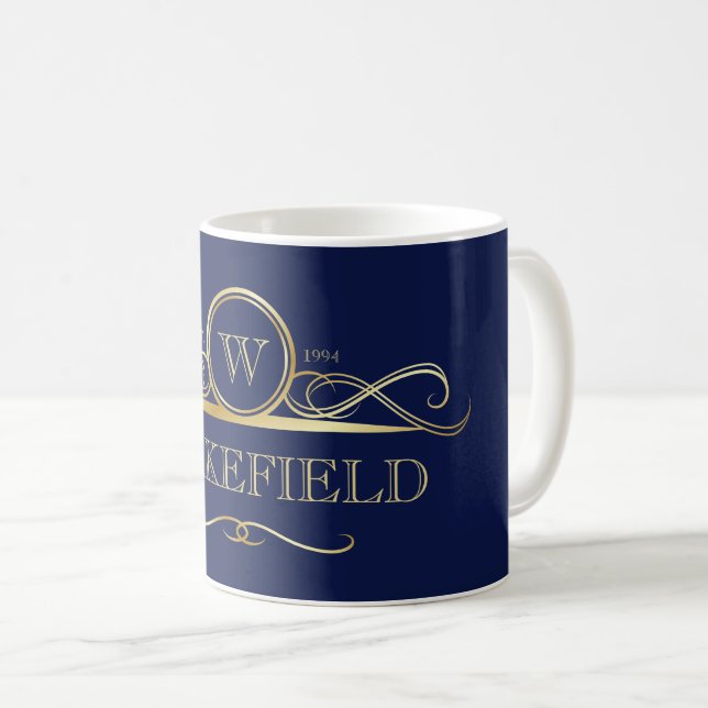 Elegant Navy & Faux Gold Ornate Monogram Coffee Mug (Front Right)