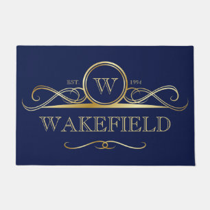 Elegant Navy & Faux Gold Ornate Monogram Doormat