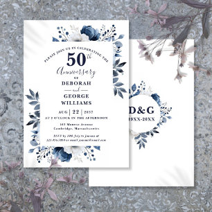 Elegant Navy Floral 50th Wedding Anniversary Invitation