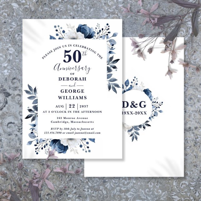 Elegant Navy Floral 50th Wedding Anniversary  Invitation (Creator Uploaded)