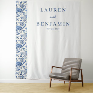 Elegant Navy Floral Border Tapestry