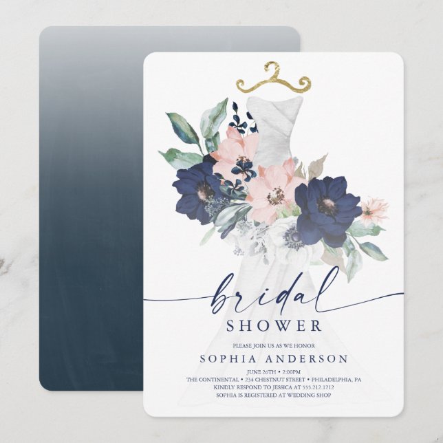 Elegant Navy Floral Bridal Shower Invitation Card (Front/Back)